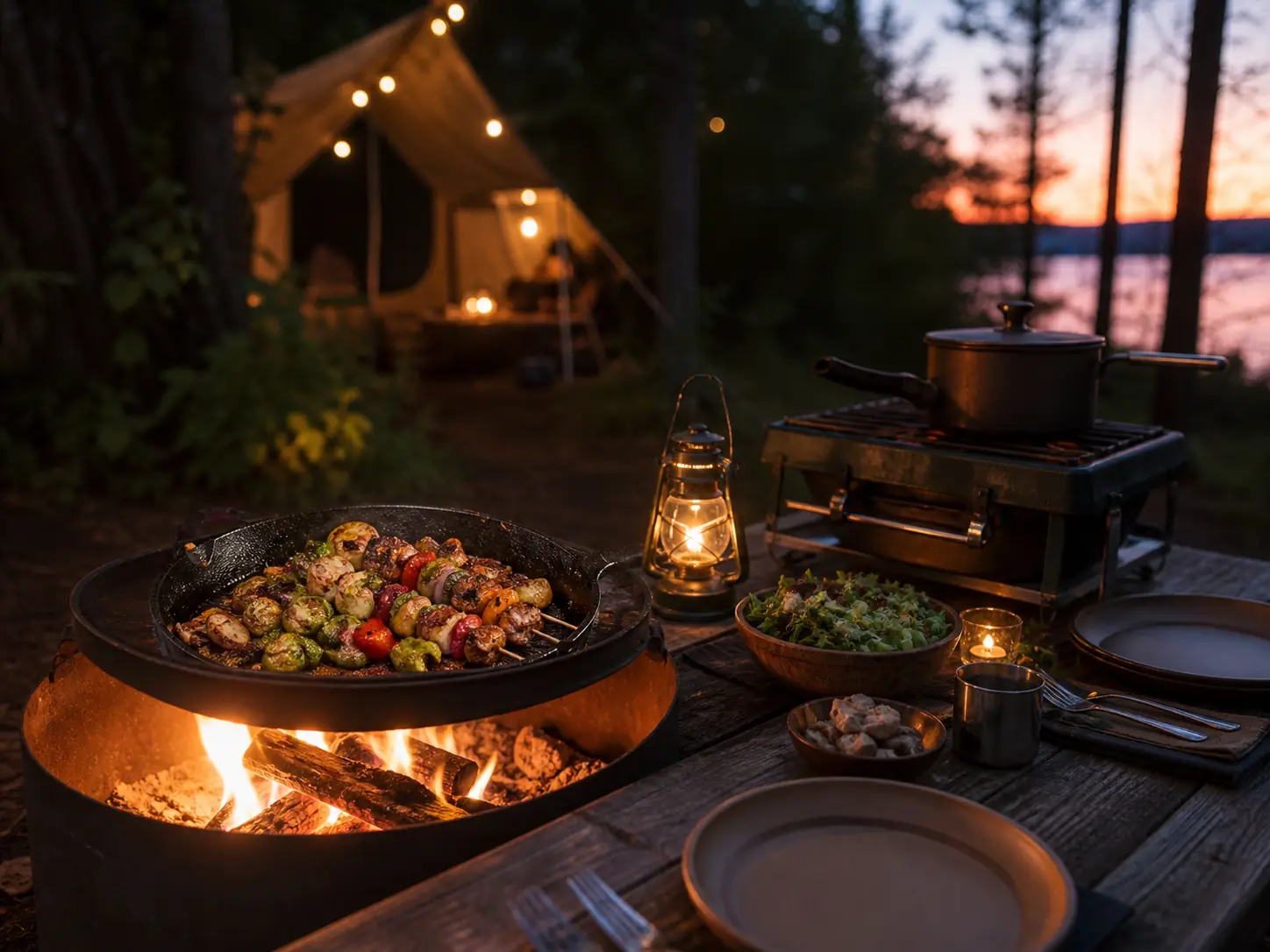 Illustrative campsite dinner with a cooking-compatible fire pit, grill plate, cookware, and outdoor table setting