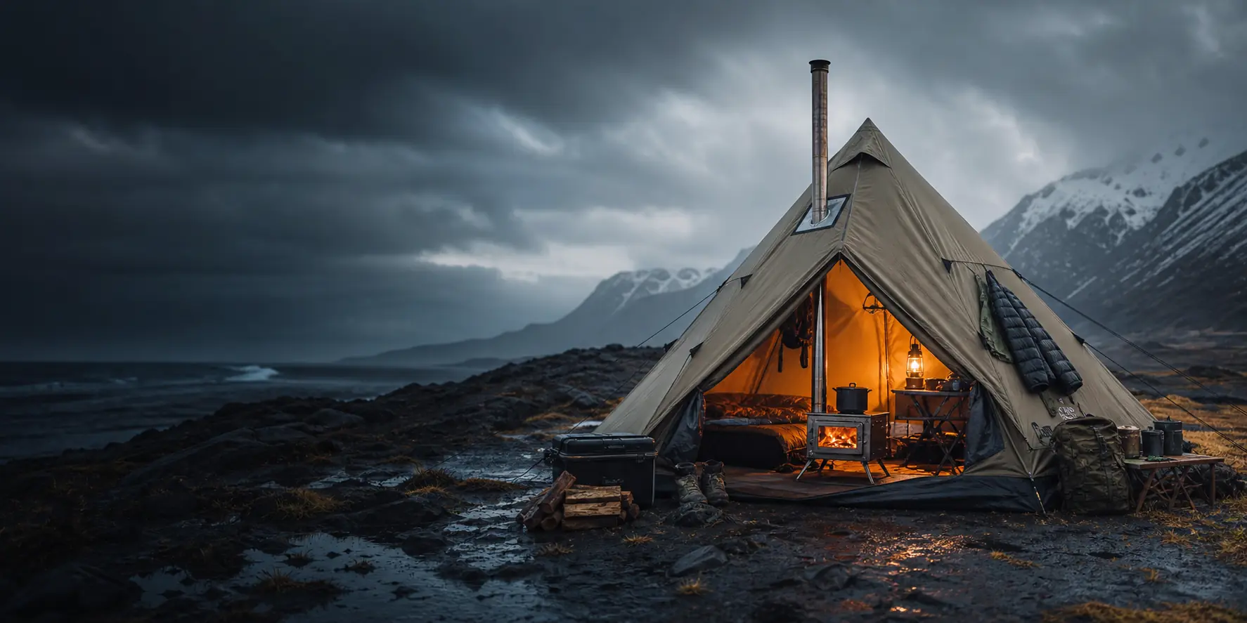 Illustrative cold-weather campsite with a canvas hot tent, chimney-equipped stove, and shelter glow in rain