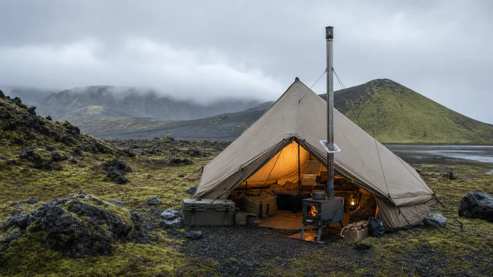 Illustrative cold-weather campsite with a canvas hot tent, chimney-equipped stove, and shelter glow in rain