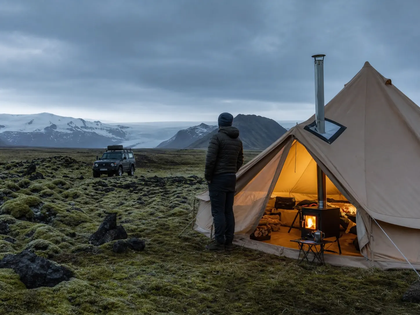 Illustrative campsite gathering around a fire pit at dusk