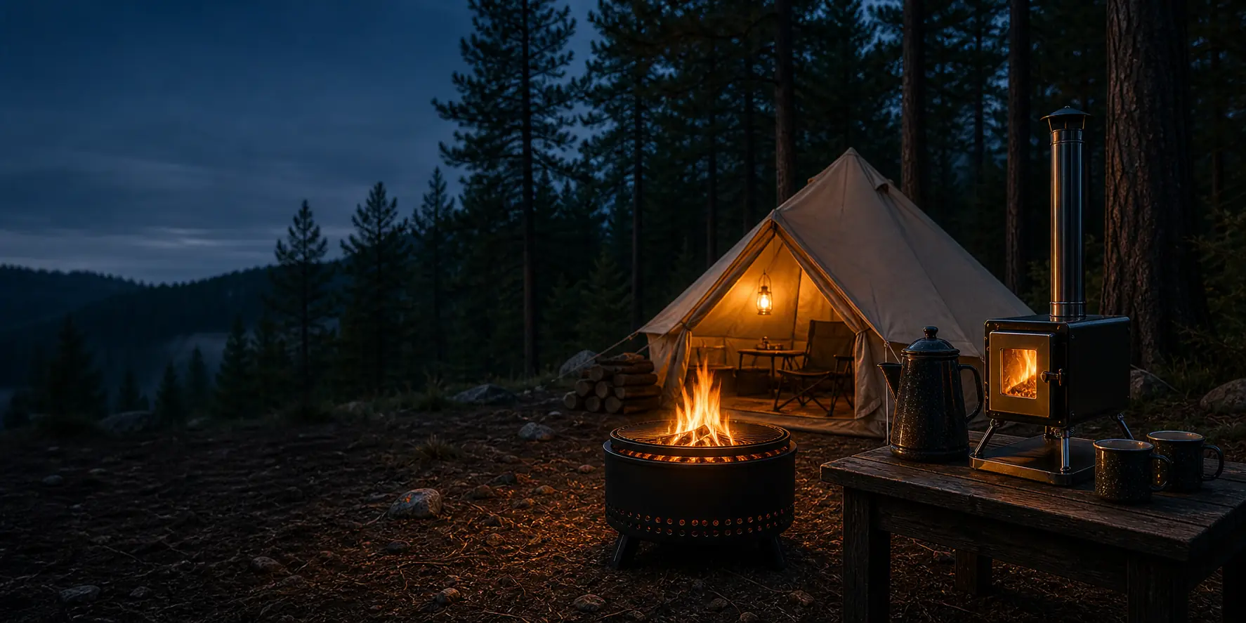 Illustrative dusk campsite with a fire pit, chimney-equipped stove, coffee setup, wood table, and canvas tent