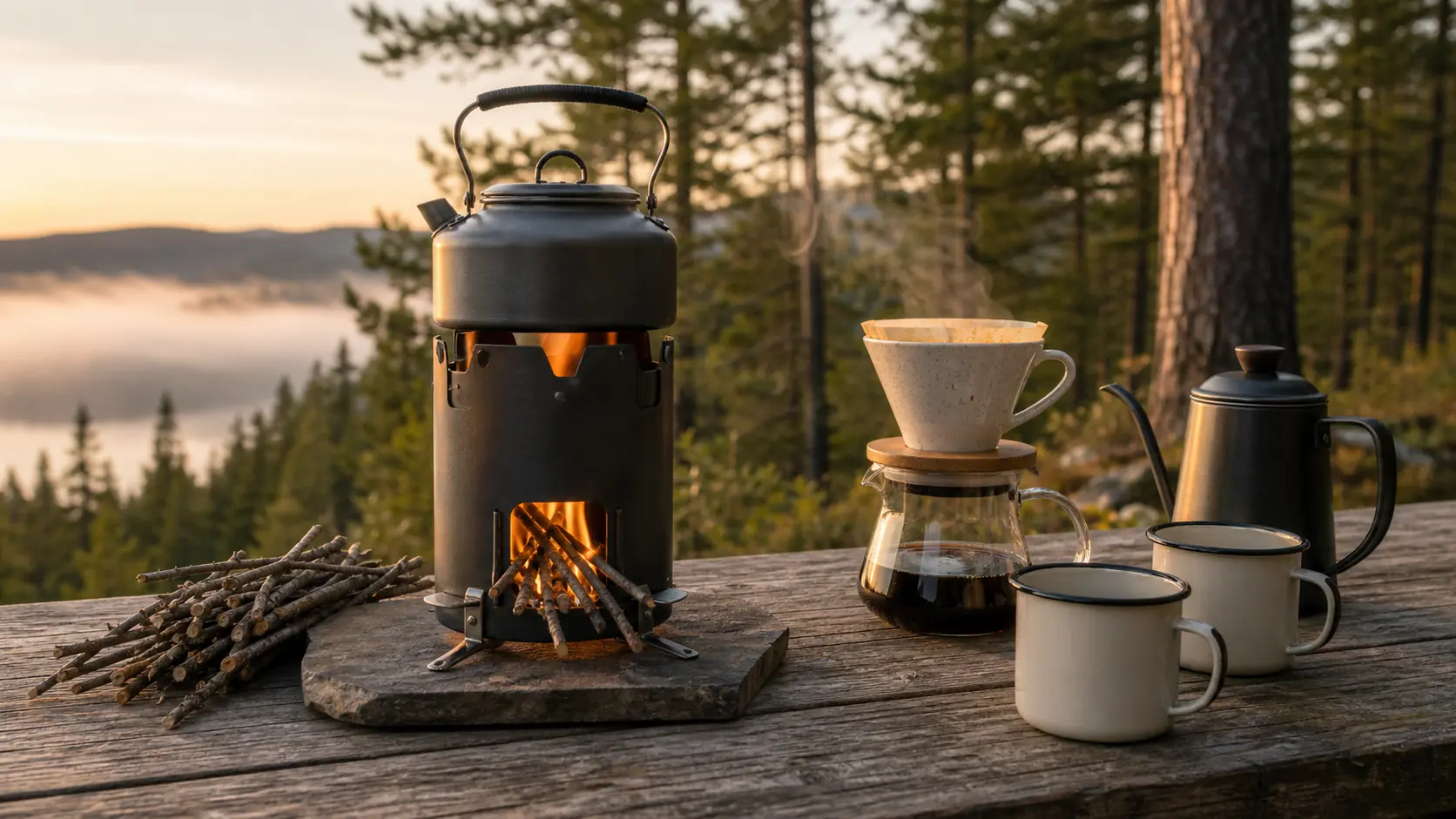Illustrative morning campsite coffee scene with a compact rocket stove, kettle, and pour-over equipment