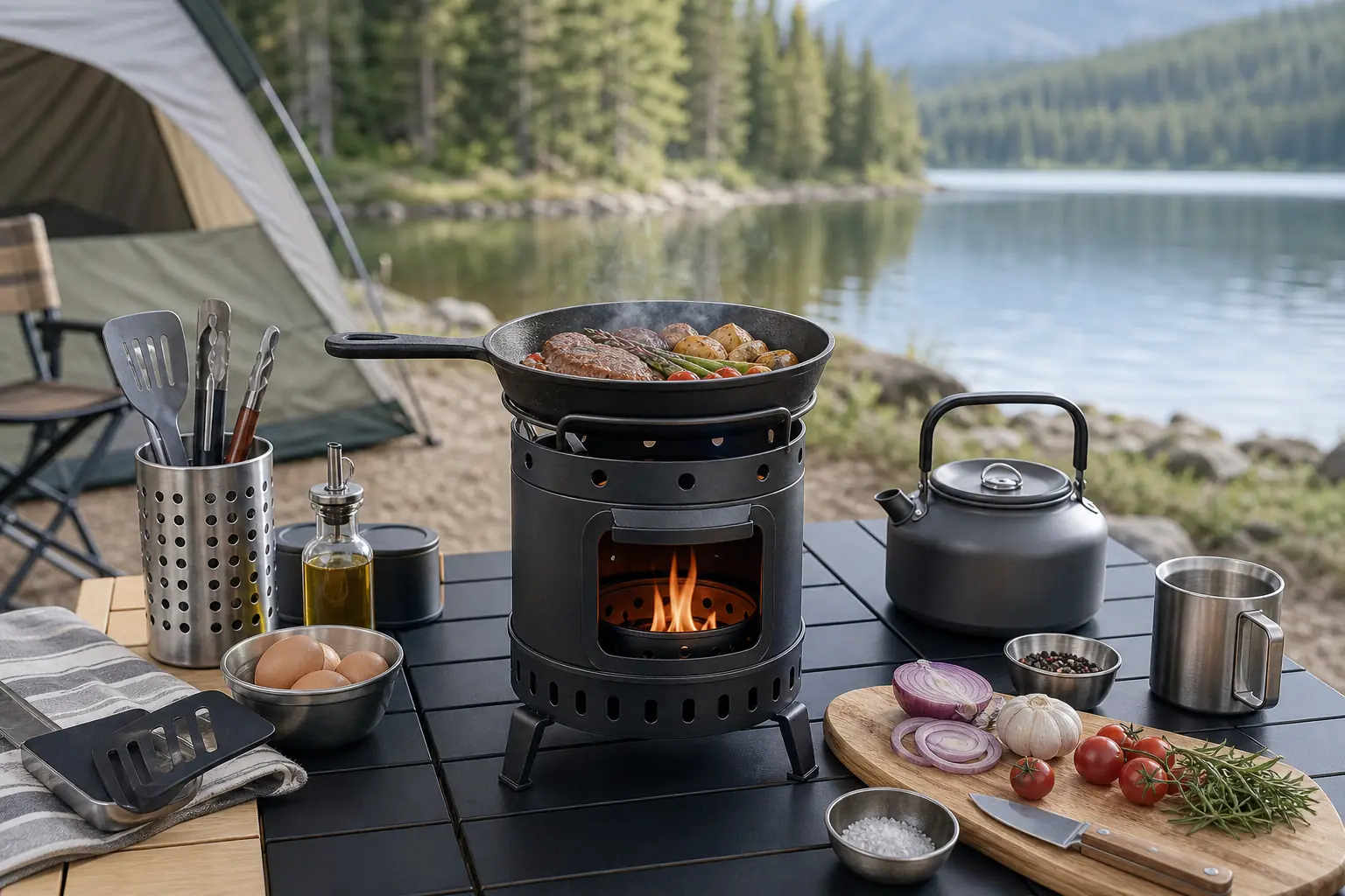Illustrative portable camping stove cooking a meal at an outdoor camp kitchen