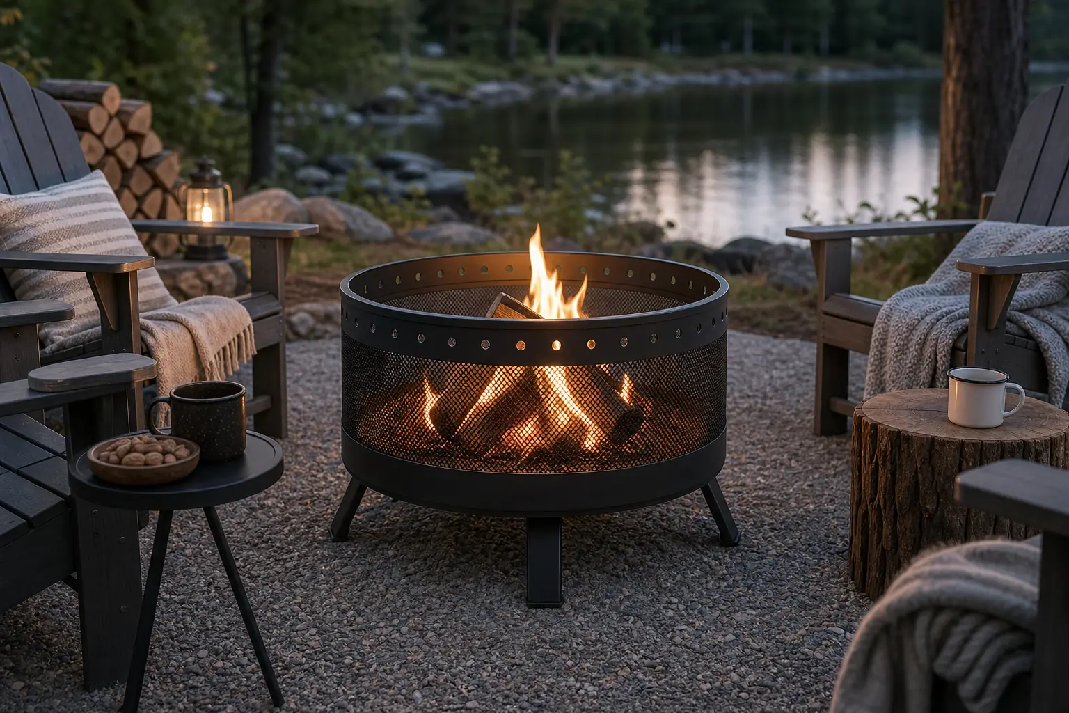 Illustrative outdoor gathering scene with a modern fire pit
