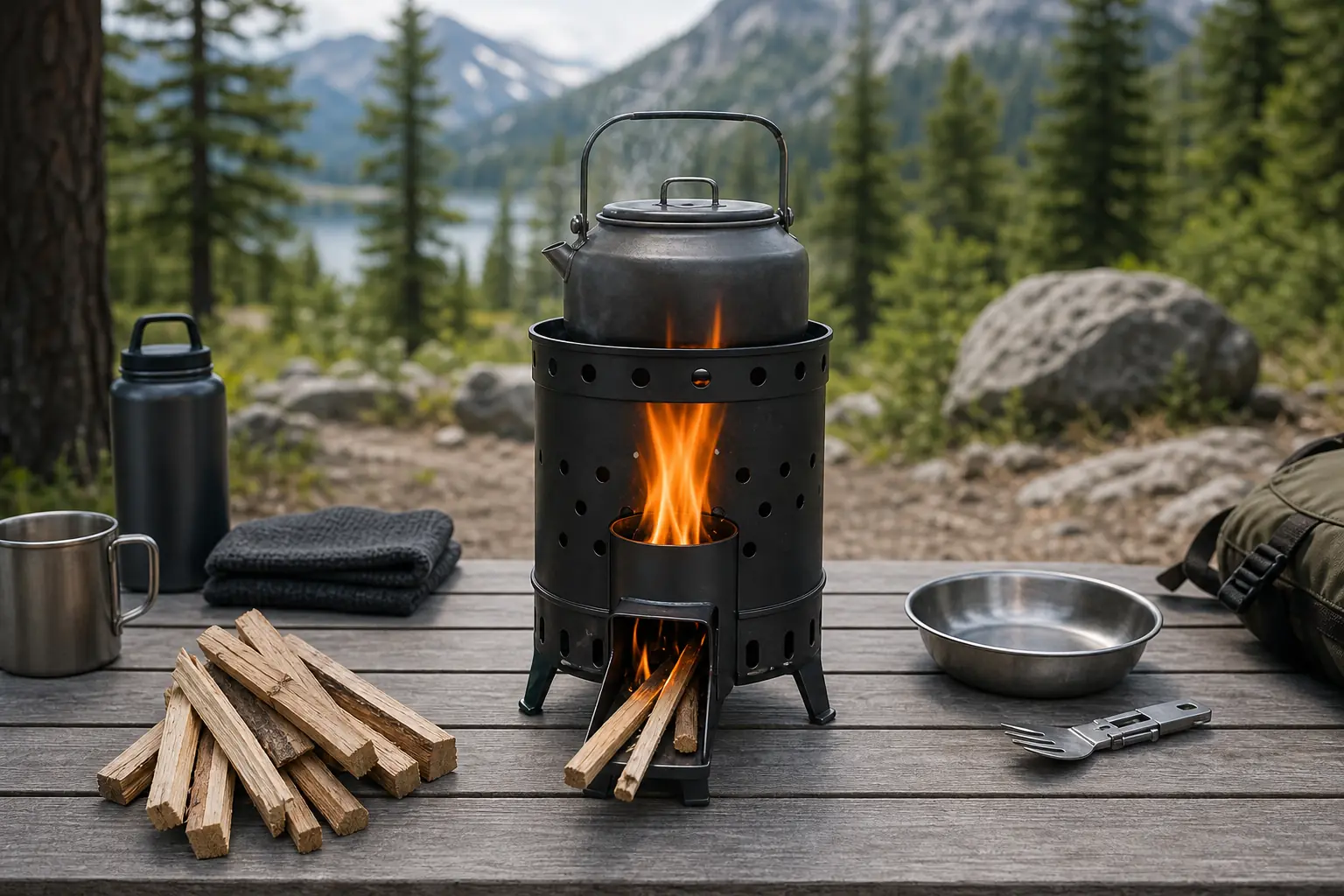 Illustrative rocket stove heating a kettle at a compact campsite setup