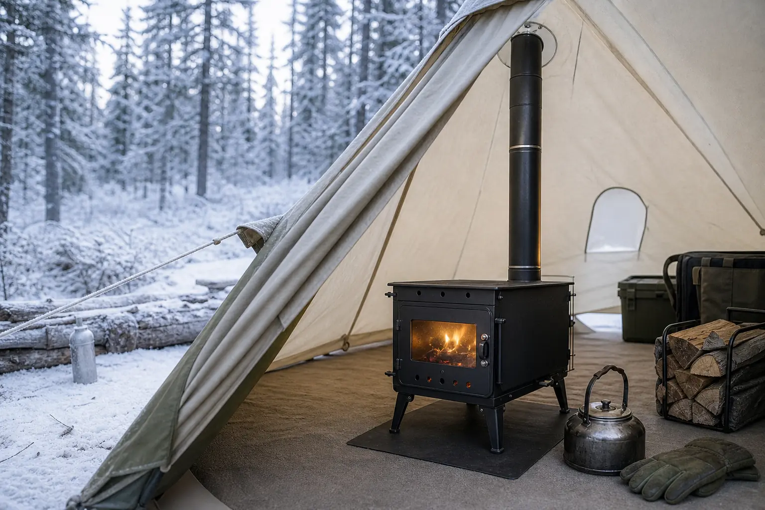 Illustrative compact tent stove and chimney at a cold-weather campsite