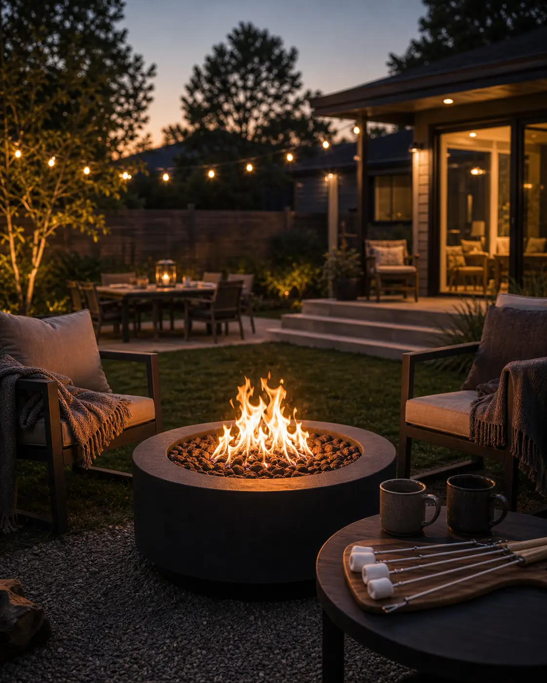 Illustrative family backyard scene with a fire pit, seating, mugs, and warm evening light