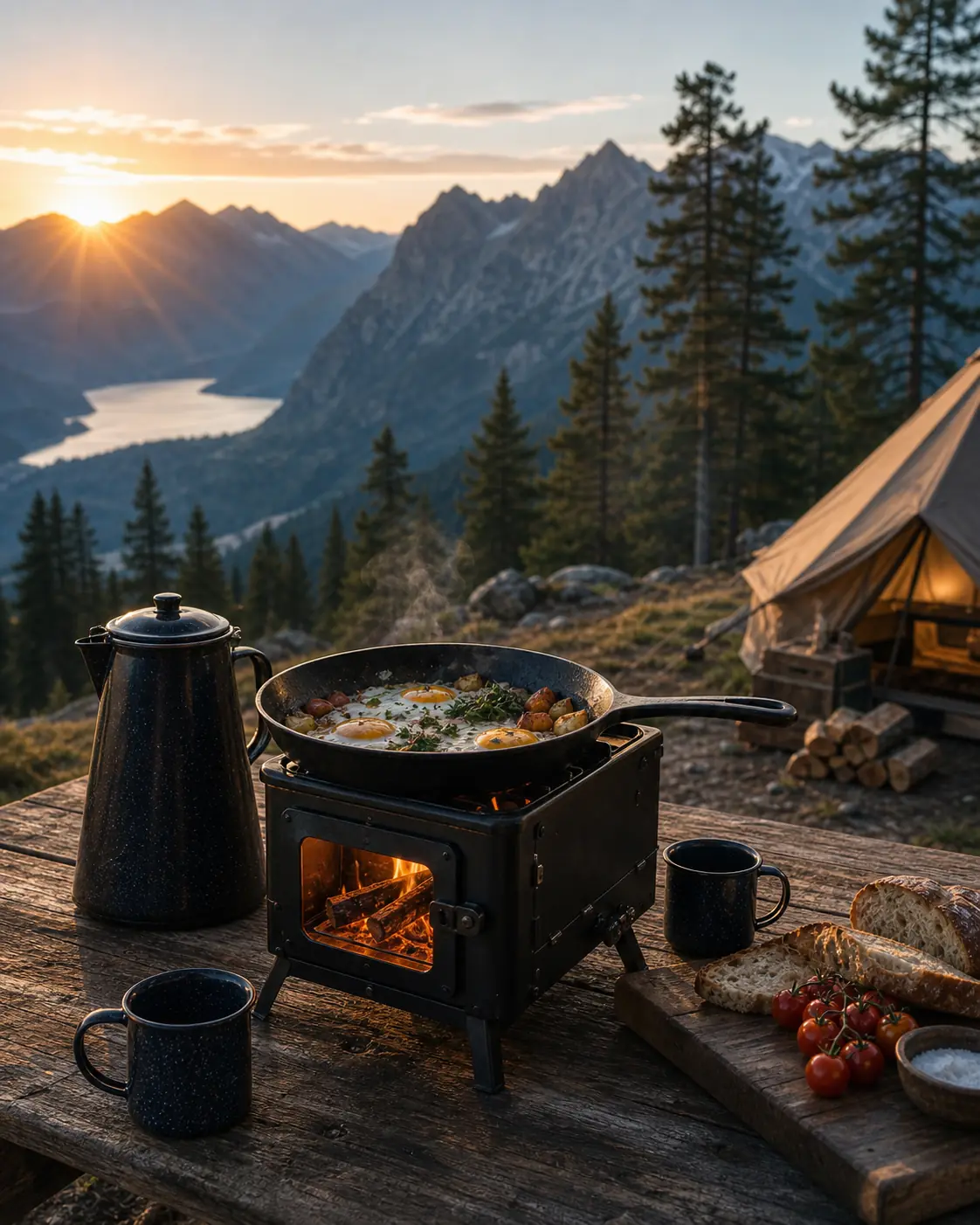 Illustrative mountain cooking scene with a compact camping stove, skillet, kettle, and alpine ridgeline