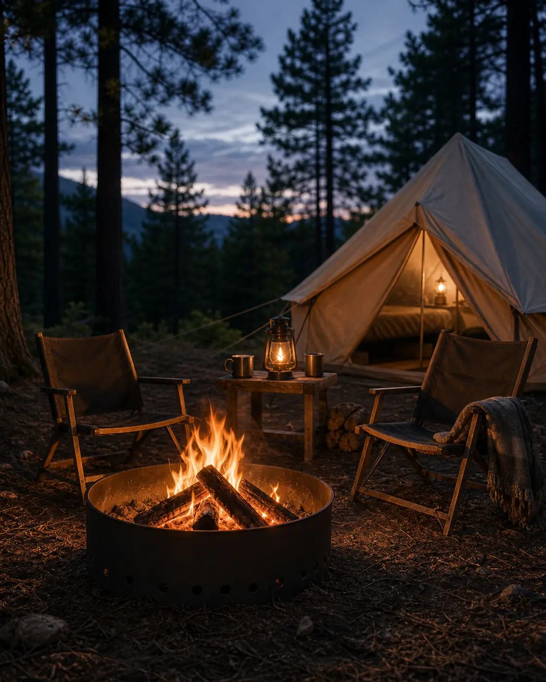 Illustrative weekend forest campsite with a fire pit, tent, chairs, and warm firelight