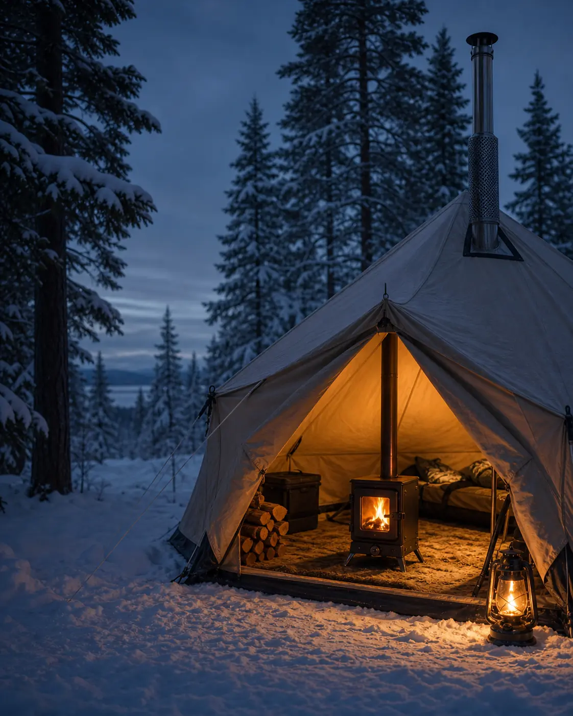 Illustrative winter hot-tent scene with a chimney-equipped stove