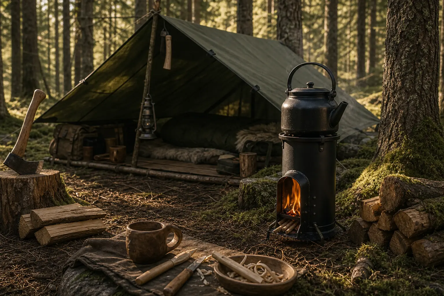 Illustrative woodland camp with a tarp shelter, compact wood stove, kettle, and dry fuel