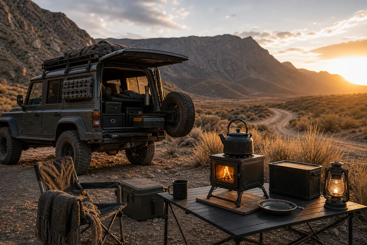 Illustrative overlanding campsite with a rugged vehicle, folding table, and compact stove