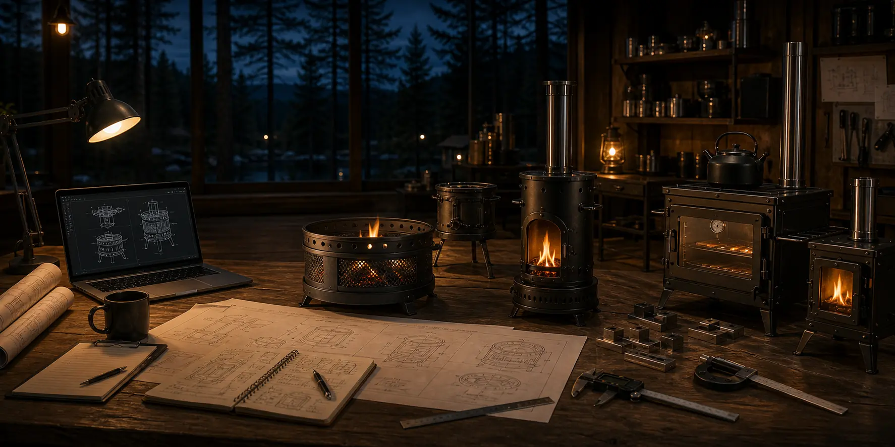 Outdoor stove prototypes with engineering drawings in a dark product development studio