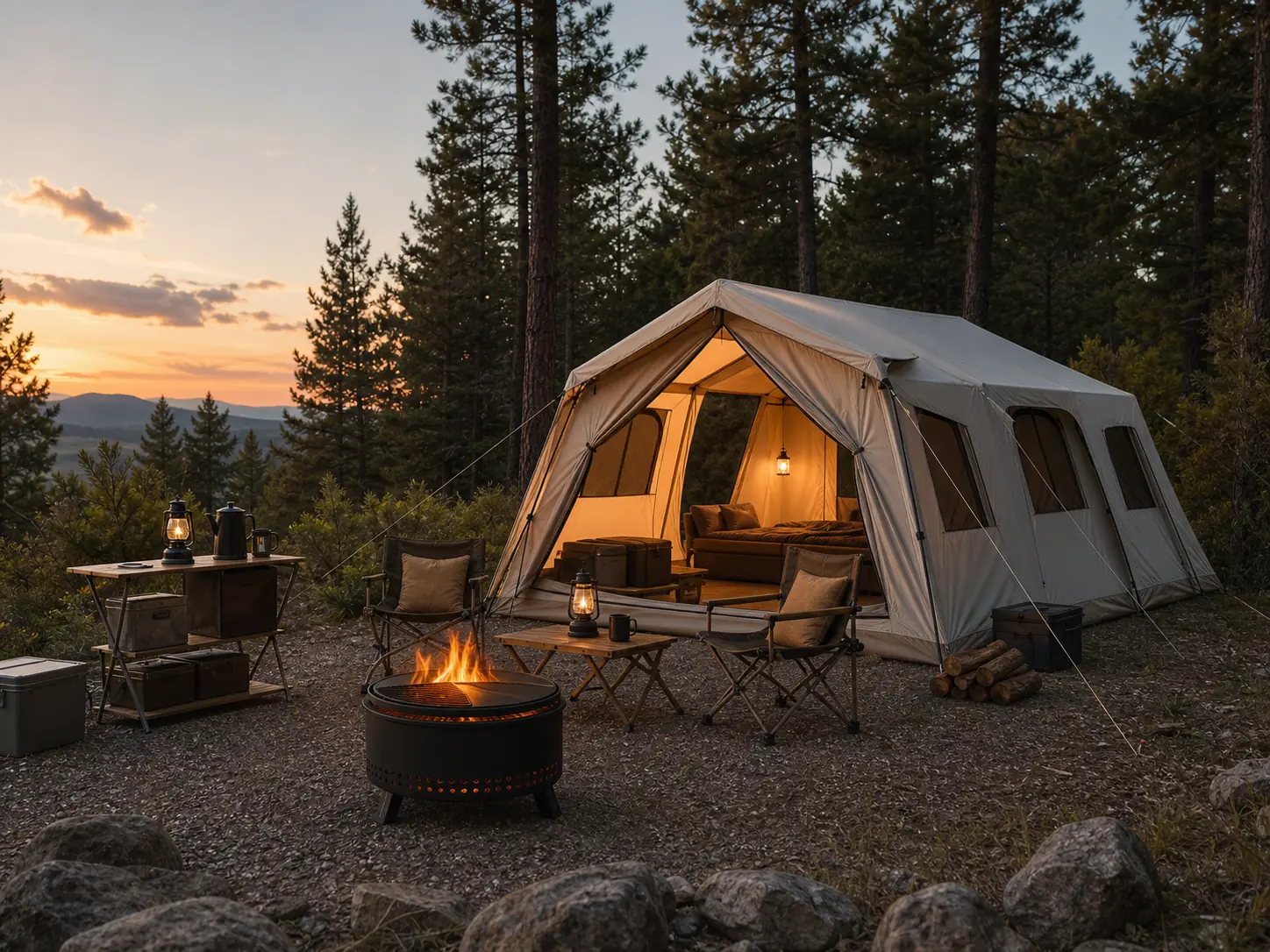 Illustrative forest campsite with an outdoor stove, tent, and camp furniture