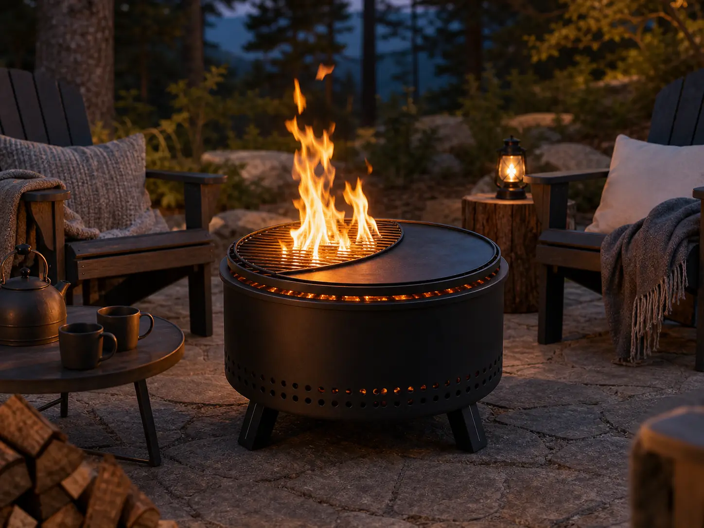 Illustrative outdoor gathering with chairs around a modern round fire pit