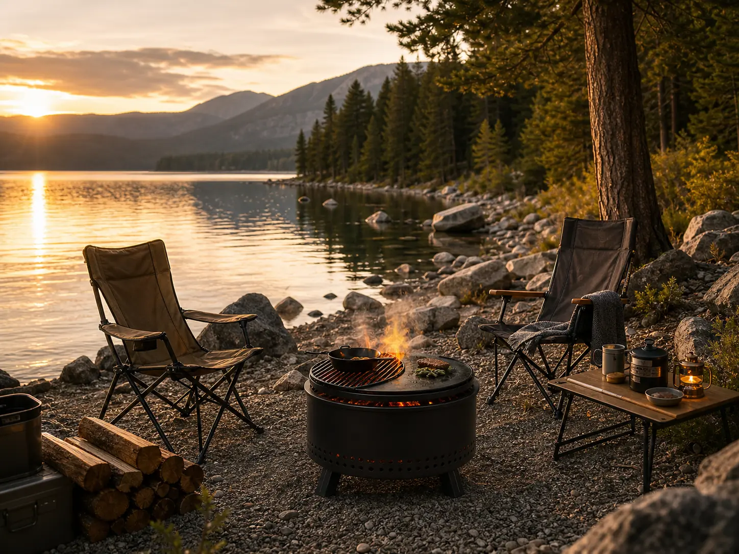 Illustrative lakeside camping setup with an outdoor stove beside a mountain lake