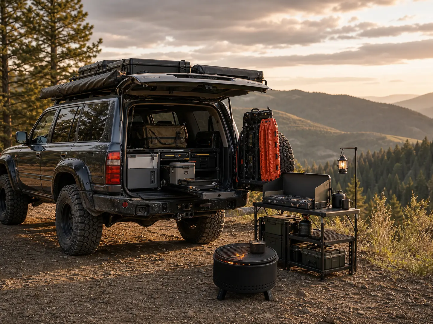 Illustrative off-road vehicle campsite with organized outdoor cooking gear