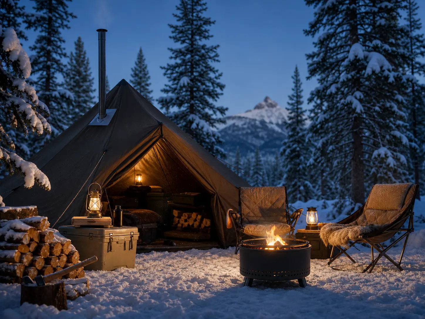 Illustrative winter campsite with a compatible hot tent and chimney-equipped stove