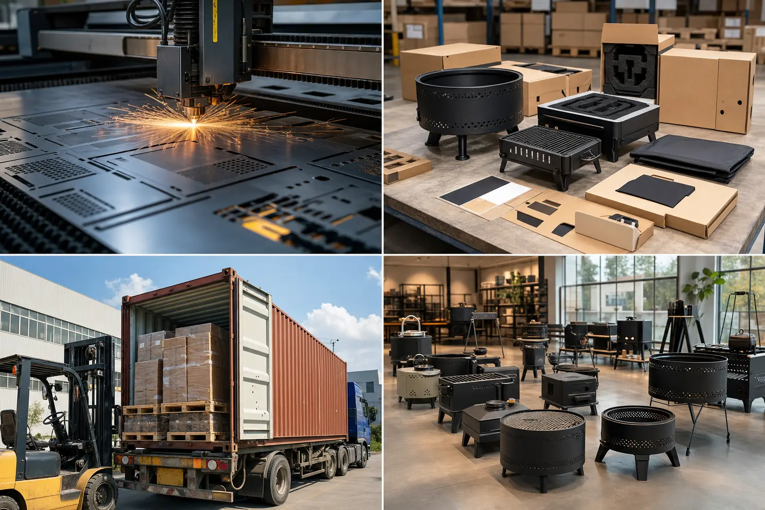 Illustrative OEM order overview showing metal fabrication, packaging preparation, export loading, and outdoor stove samples