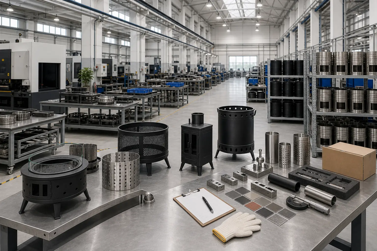 Illustrative manufacturing processes scene for outdoor stove production planning