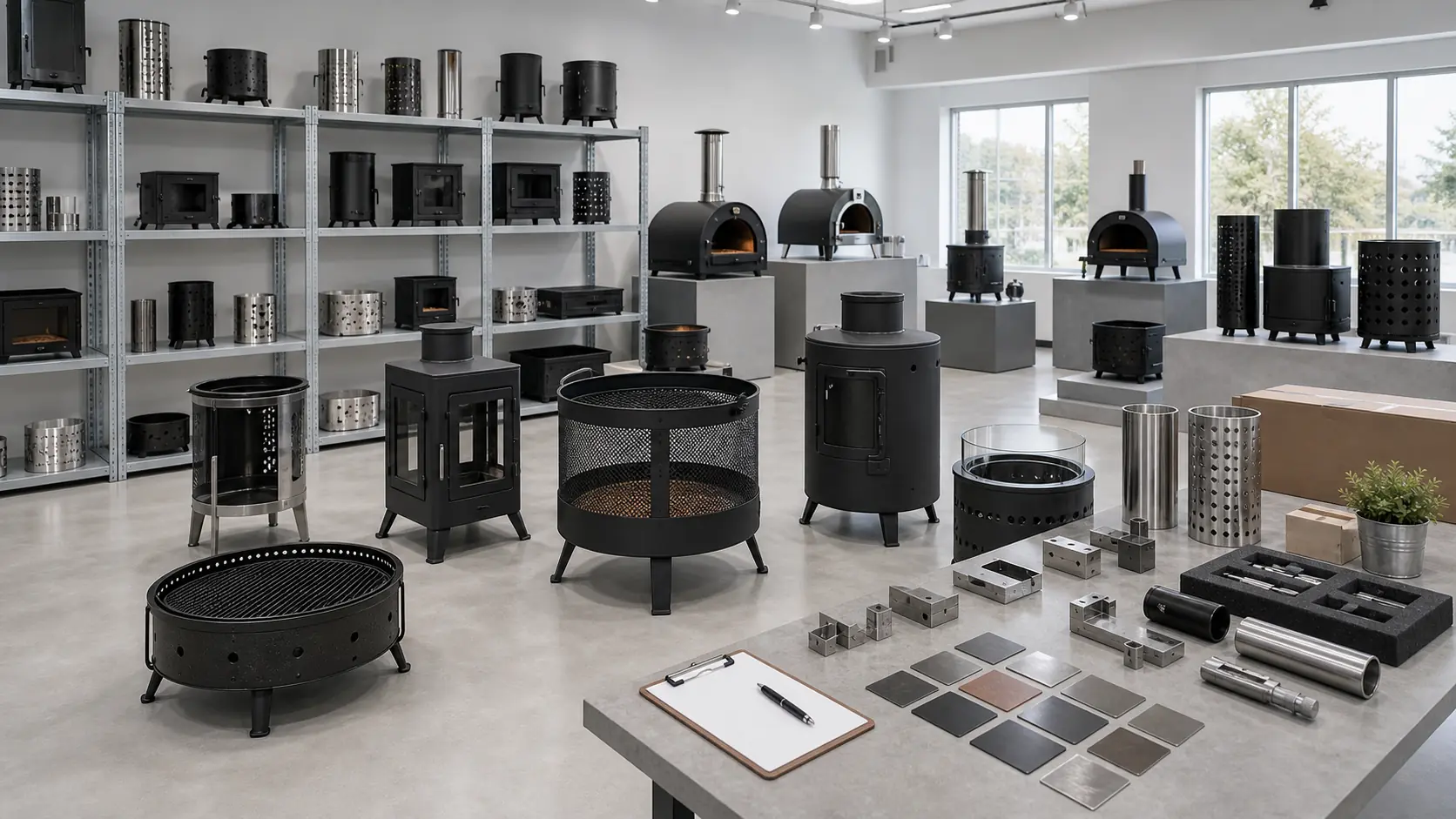 Illustrative product samples and configurations scene for outdoor stove order planning