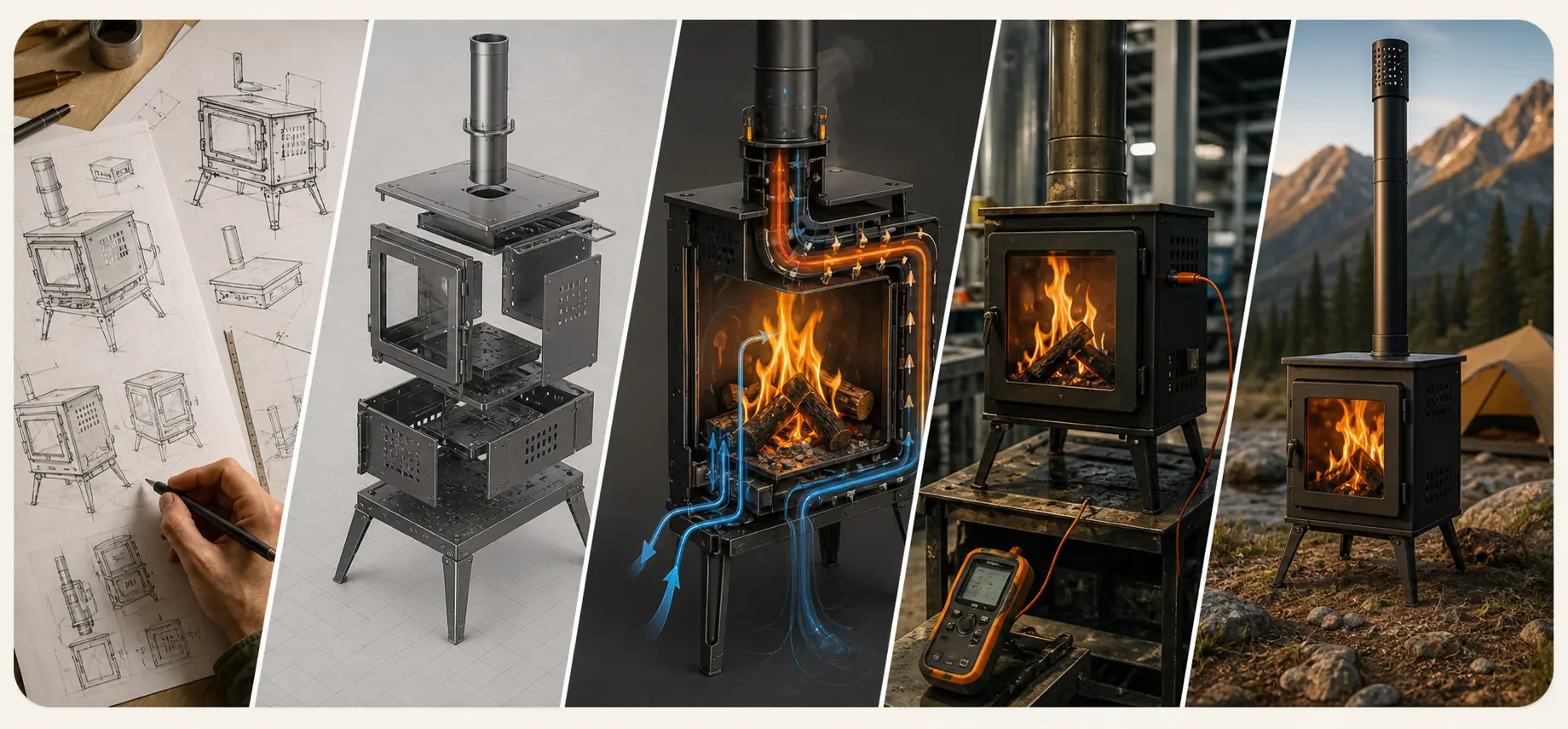 Illustrative ODM planning scene with an outdoor stove model, configuration references, sample notes, and packaging concepts