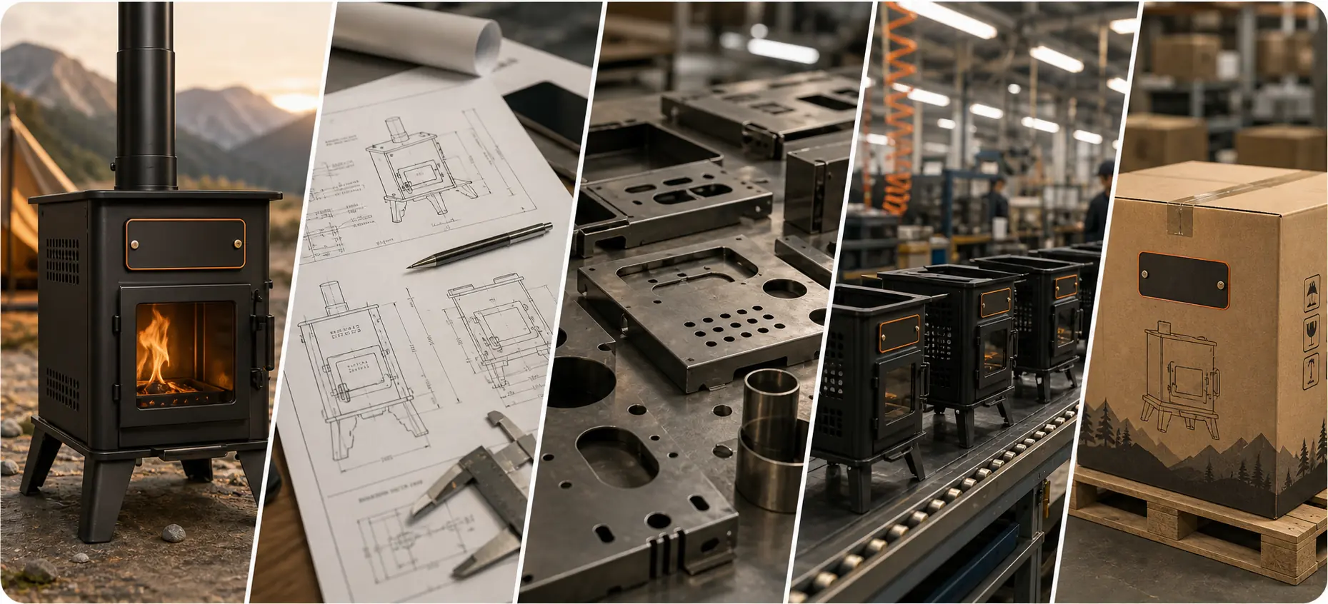 Illustrative OEM planning scene with outdoor stove drawings, metal parts, production context, and branding references