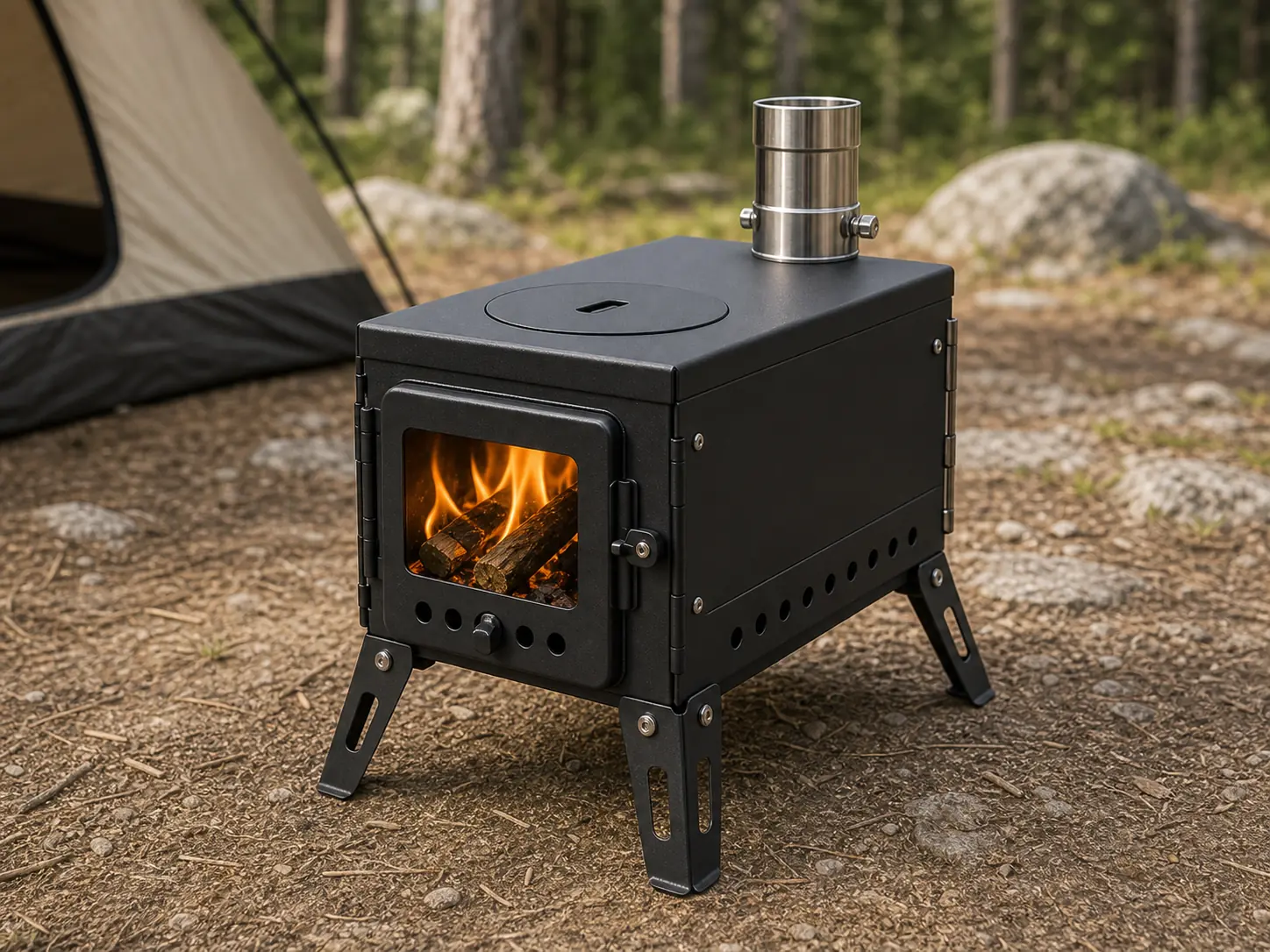 Coated Steel Camping Stove with Chimney Pipe configuration shown