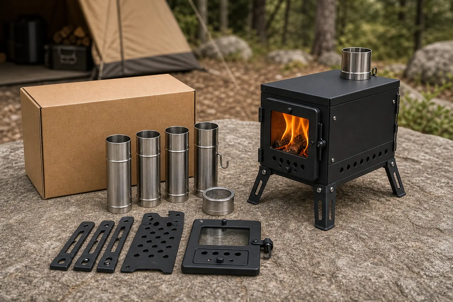Illustrative detail view of Coated Steel Camping Stove with Chimney Pipe