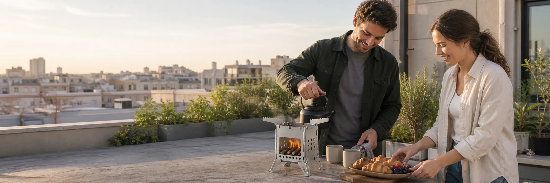 Illustrative mini stainless-steel camping stove with four folding pot arms
