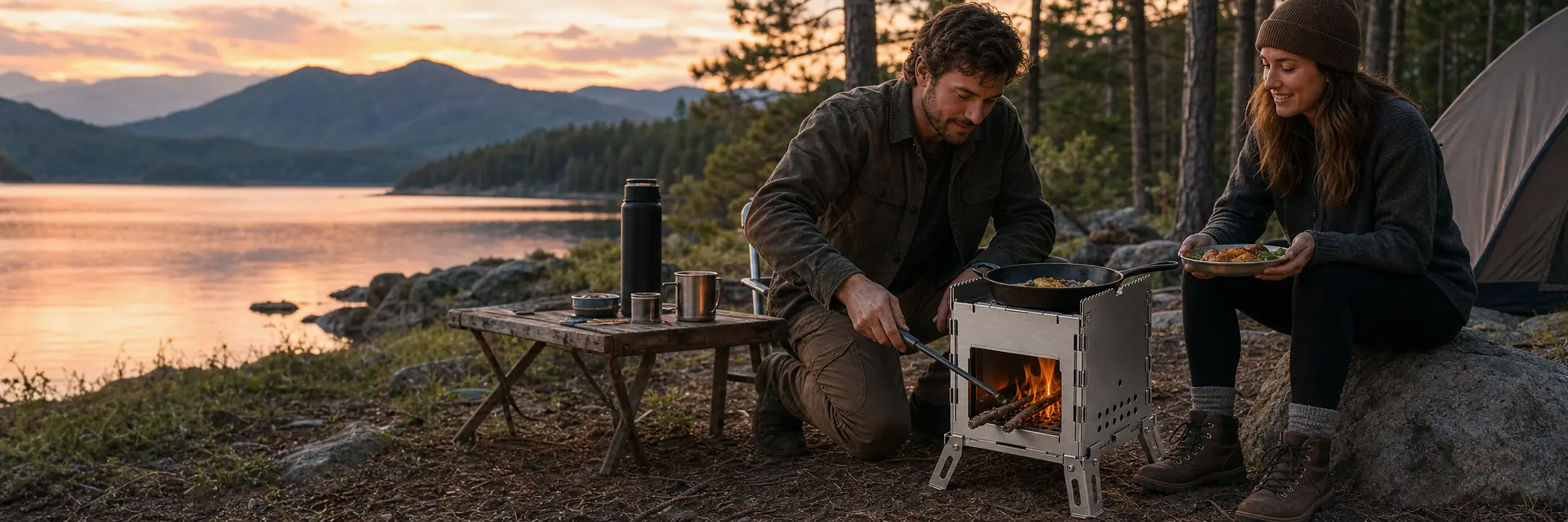 Illustrative foldable mini camping stove with twin serrated top rails