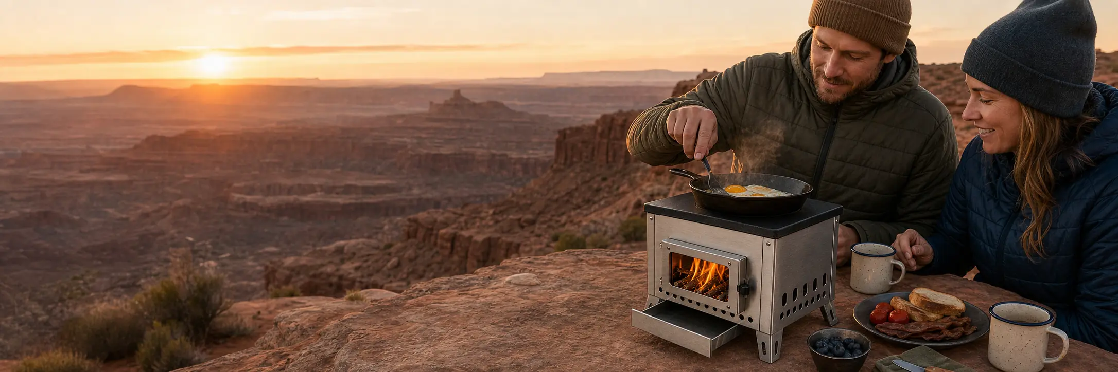 Illustrative compact camping stove with a cast-iron hot plate