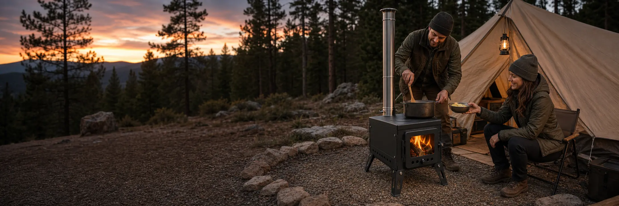 Illustrative coated-steel camping stove with detachable pipe