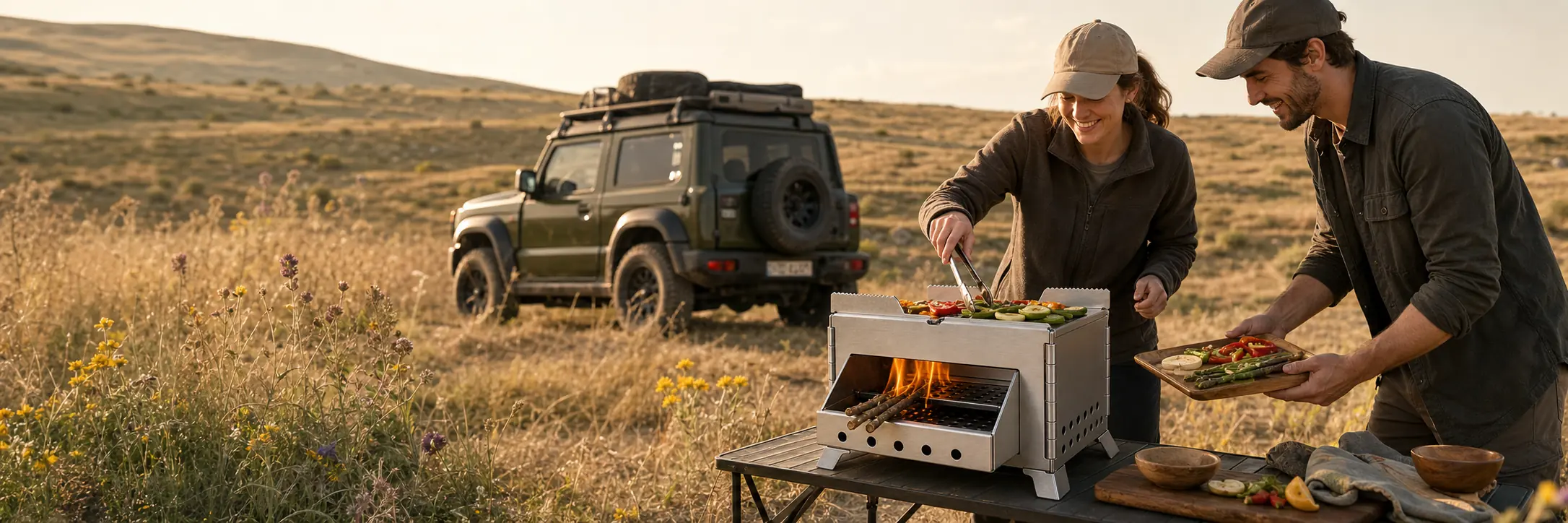 Illustrative low-profile stainless-steel BBQ camping stove