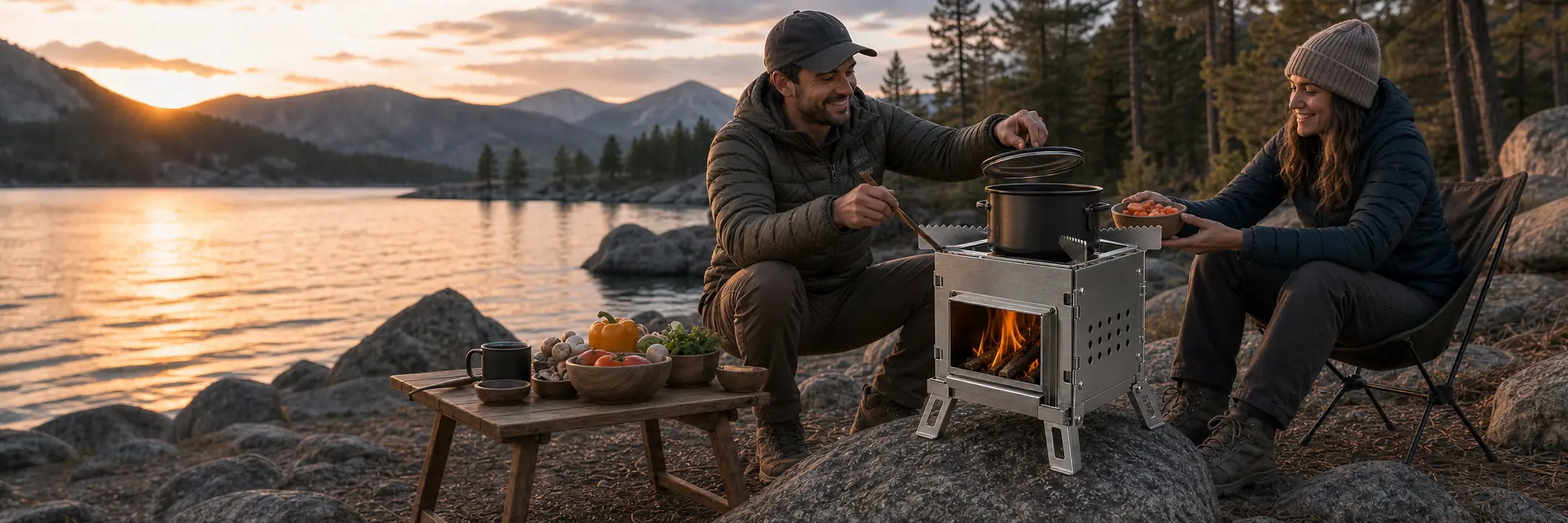Illustrative portable stainless-steel camping stove with fold-out legs