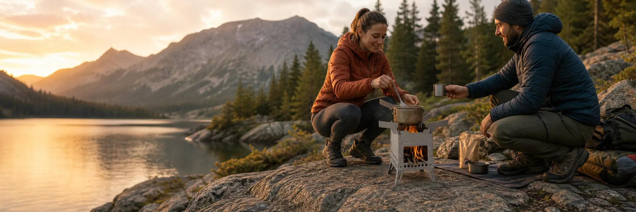 Illustrative titanium camping stove with folding pot arms
