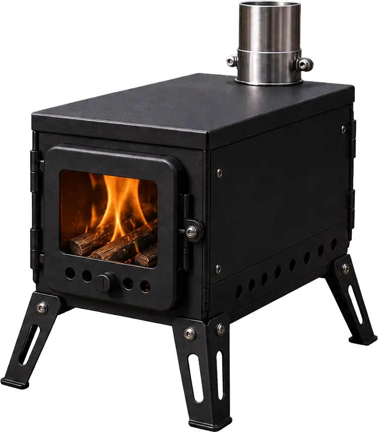 Coated Steel Camping Stove with Chimney Pipe configuration shown