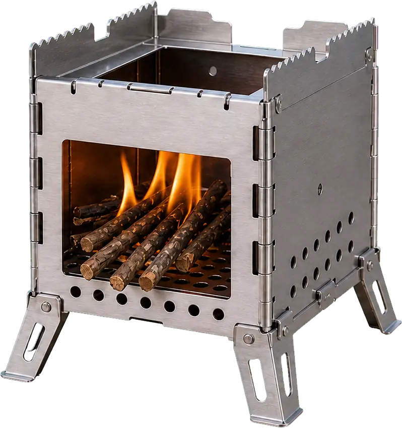 Foldable Mini Stainless Steel Wood Stove configuration shown