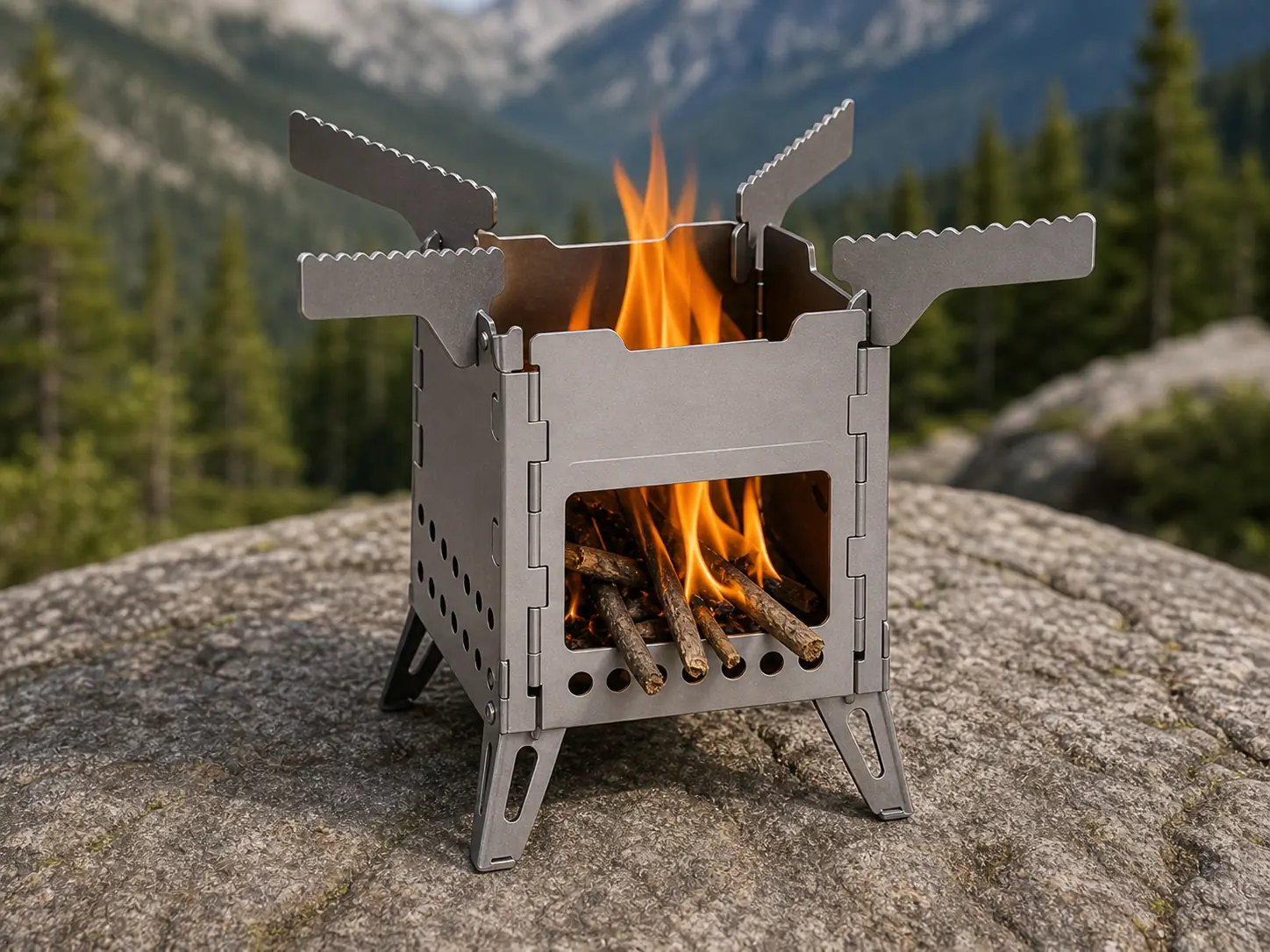 Portable wood-burning camping stove with folding pot supports for outdoor cooking