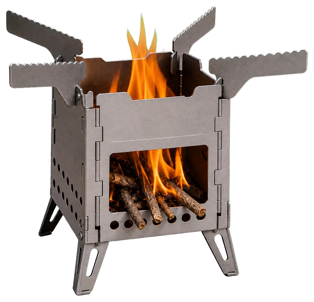 Titanium Camping Stove with Folding Pot Arms configuration shown