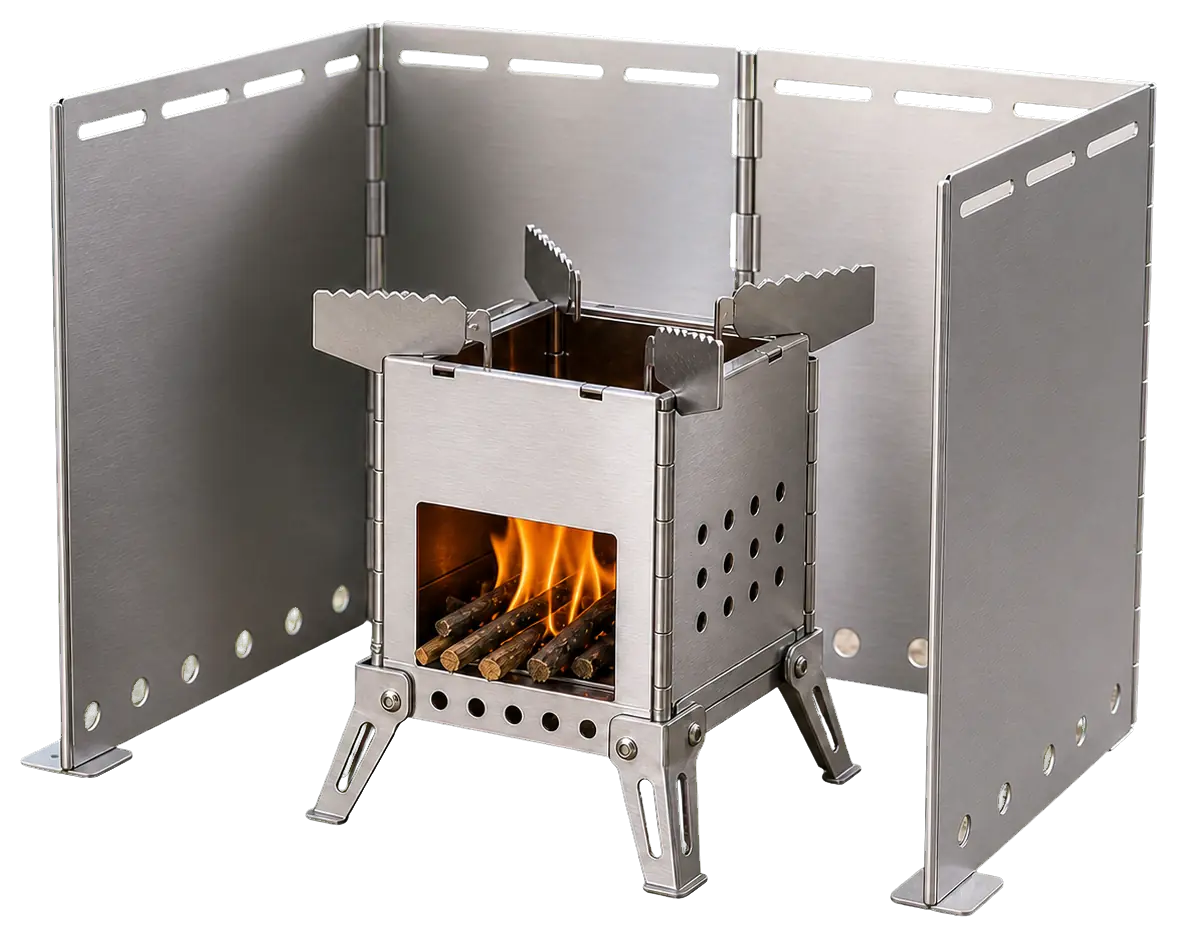 Camping Stove with Folding Windscreen configuration shown