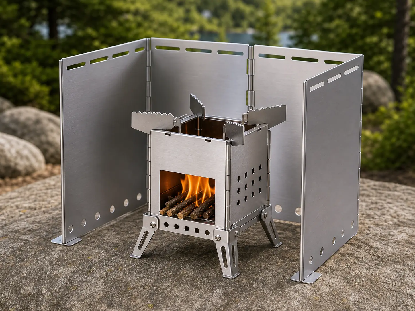 Camping Stove with Folding Windscreen configuration shown