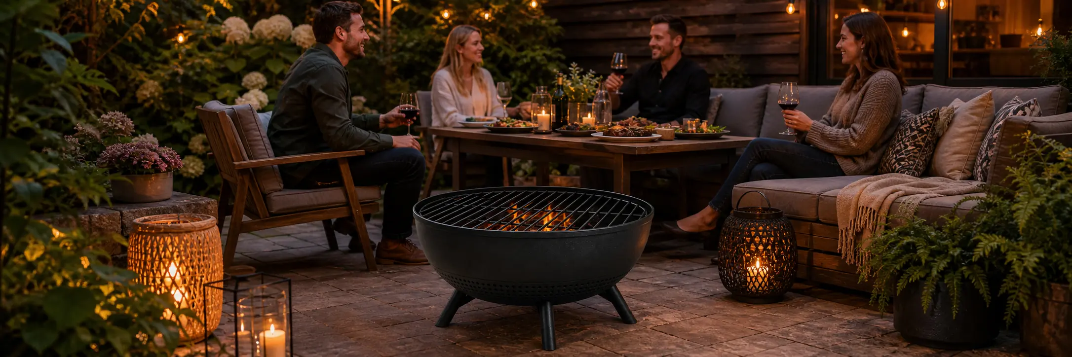 Cast iron fire pit with grill at a campsite gathering
