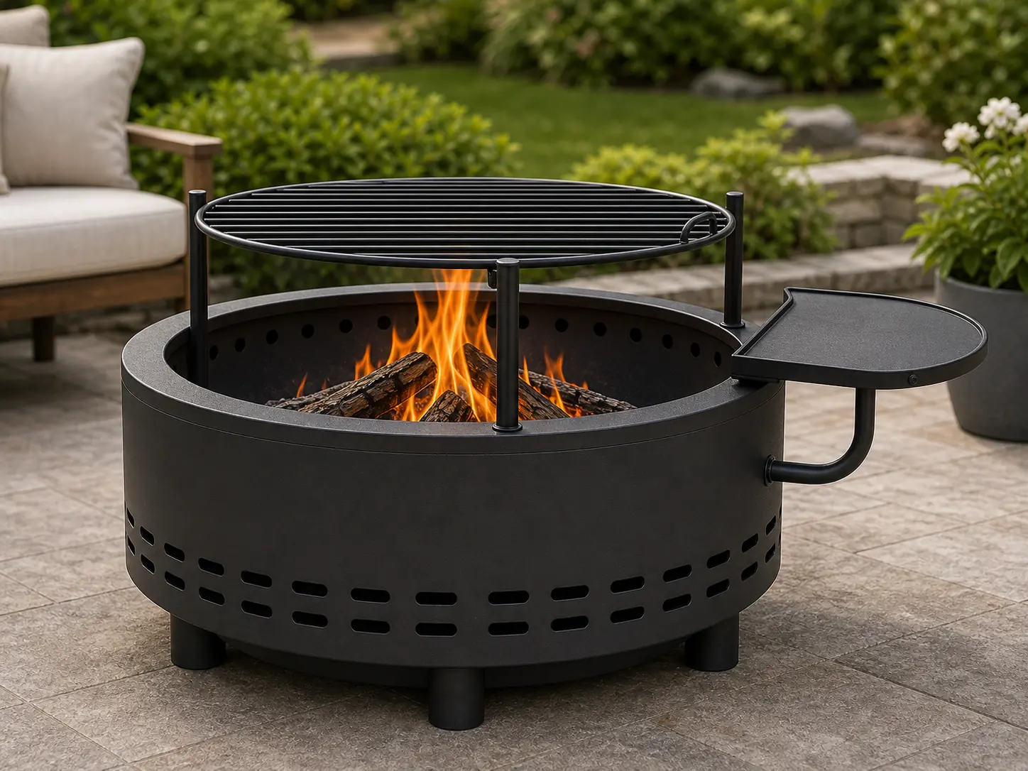 Fire Pit Grill with Raised Warming Rack configuration shown