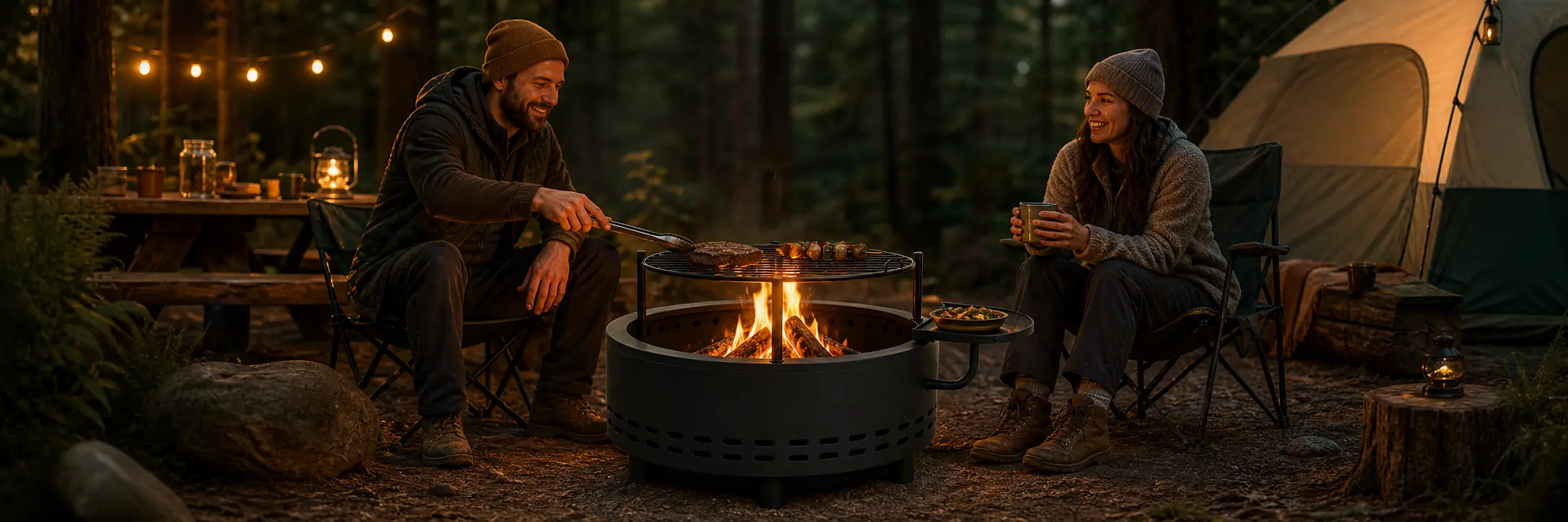 Illustrative fire pit with a raised cooking frame and upper warming rack