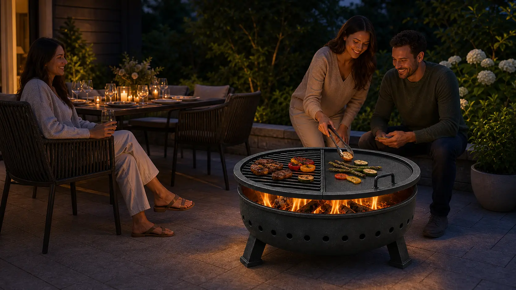 Illustrative dual-zone garden fire pit with a split grill grate and cooking plate