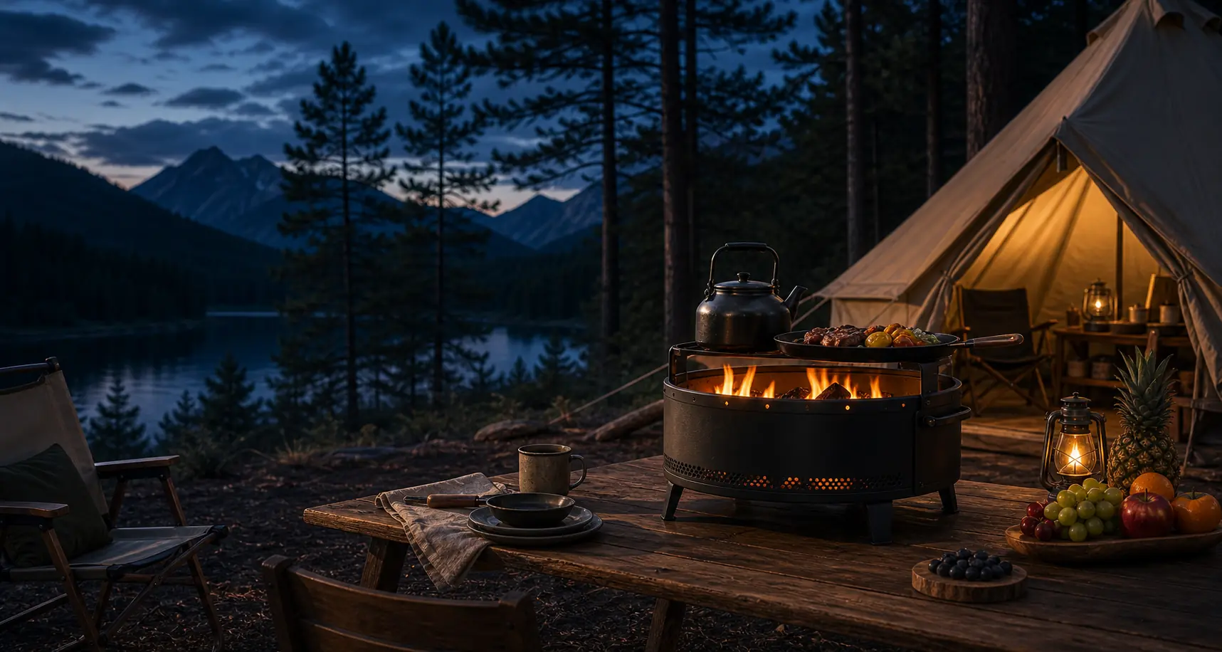 Illustrative outdoor setting with a fire pit and cooking accessories