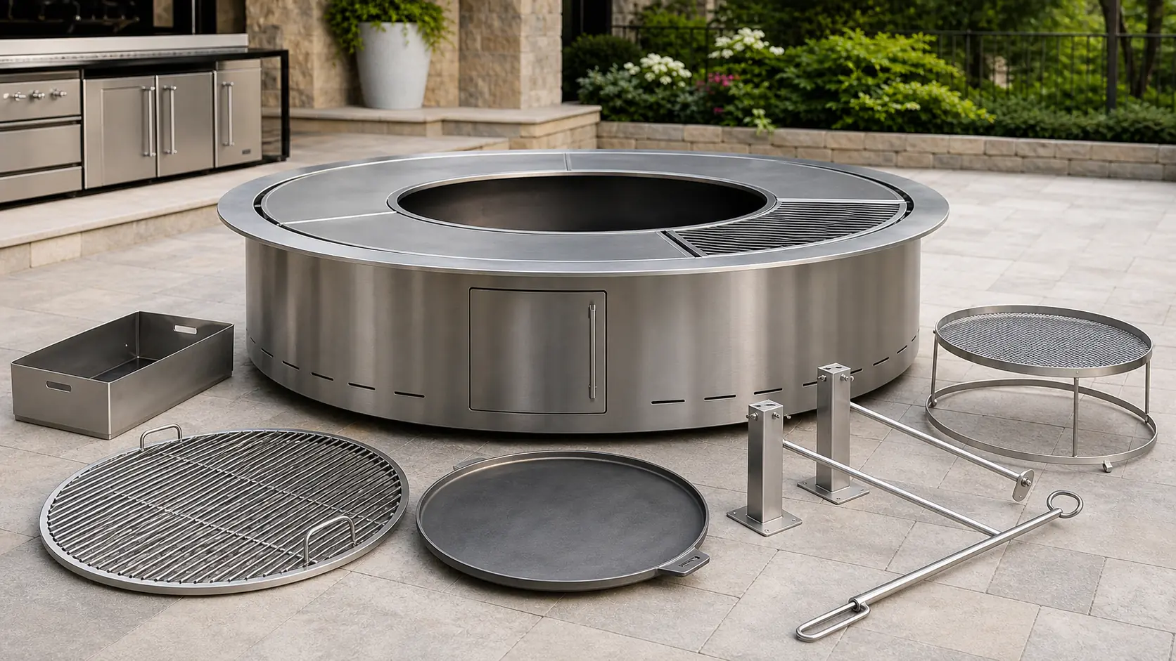 Illustrative detail view of Large Stainless Steel Fire Pit Cooking Station