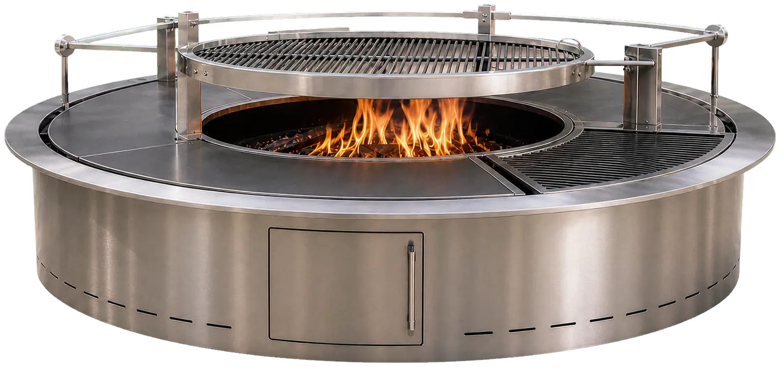 Large Stainless Steel Fire Pit Cooking Station configuration shown