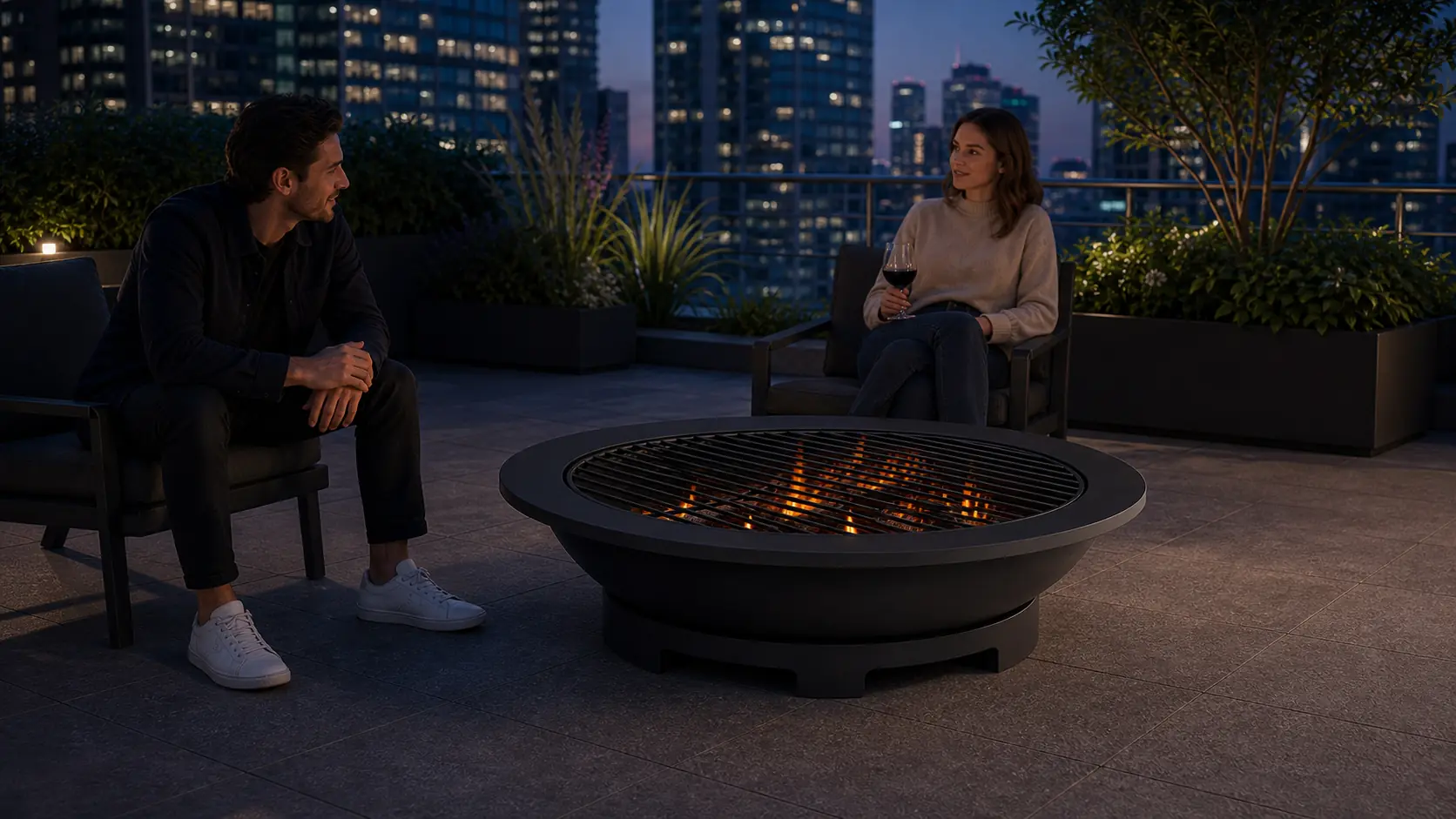 Illustrative low-profile patio fire bowl with a wide rim and removable grill